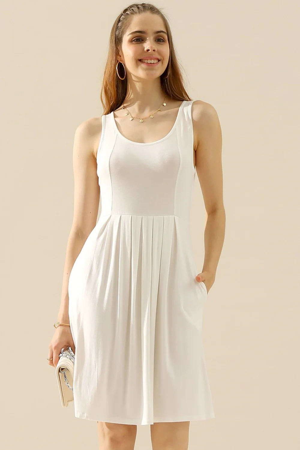 Doublju Full Size round Neck Ruched Sleeveless Dress with Pockets