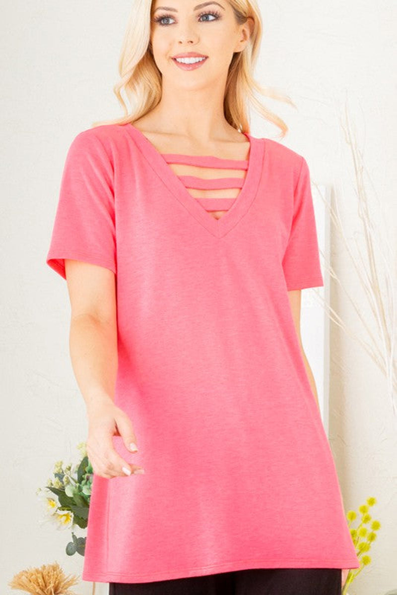 Heimish Full Size V-Neck Short Sleeve T-Shirt with Bar Detail plus Size