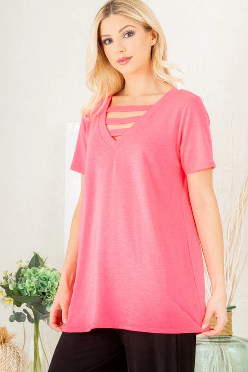 Heimish Full Size V-Neck Short Sleeve T-Shirt with Bar Detail plus Size