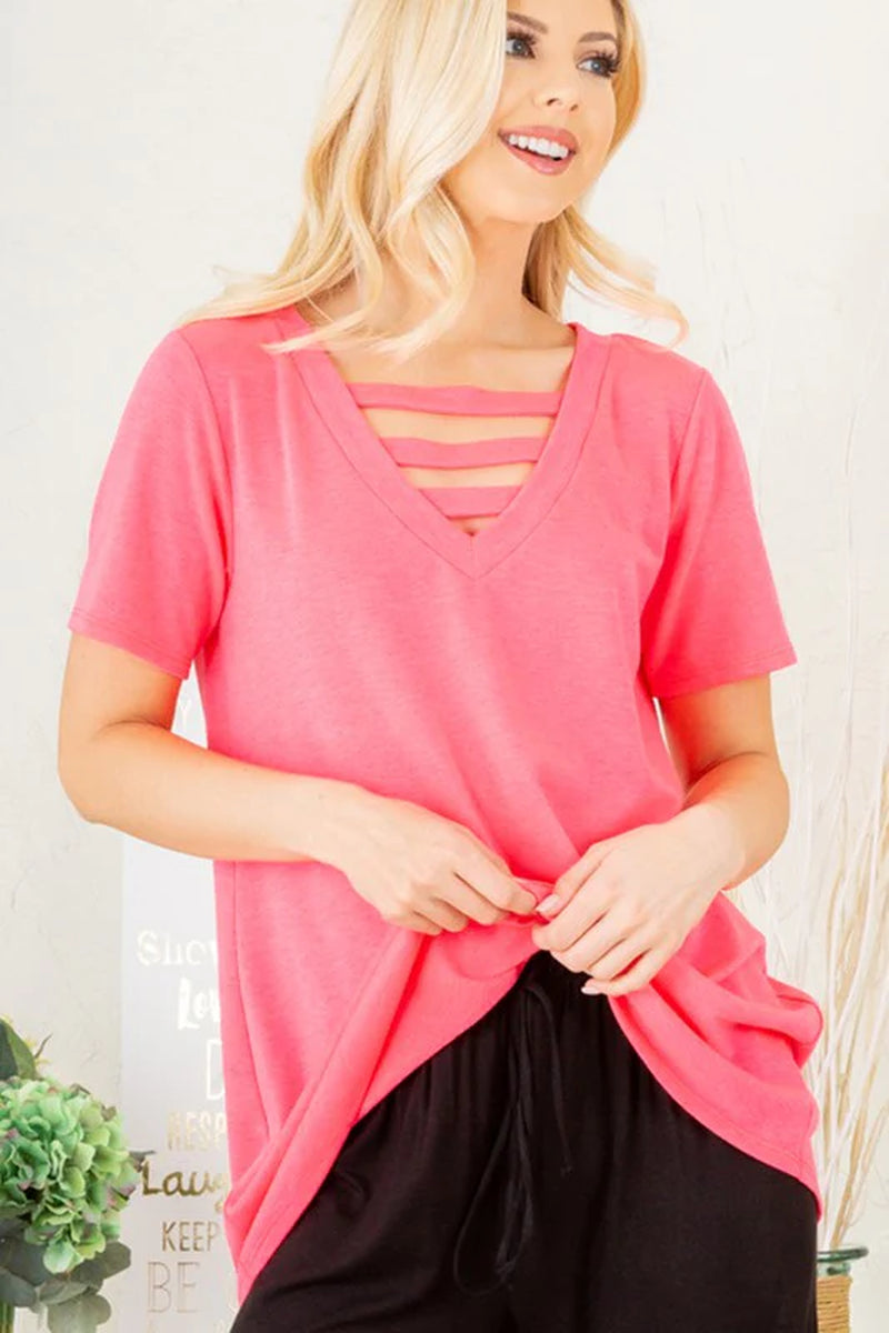 Heimish Full Size V-Neck Short Sleeve T-Shirt with Bar Detail plus Size