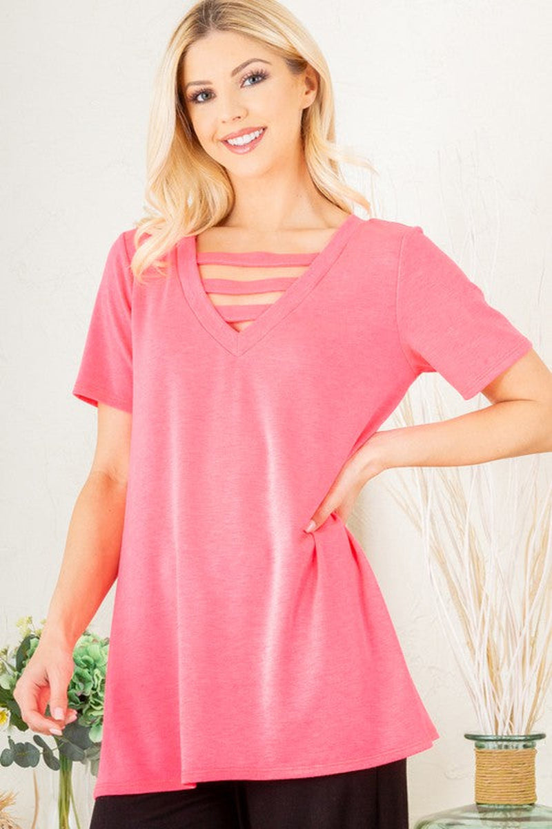Heimish Full Size V-Neck Short Sleeve T-Shirt with Bar Detail plus Size