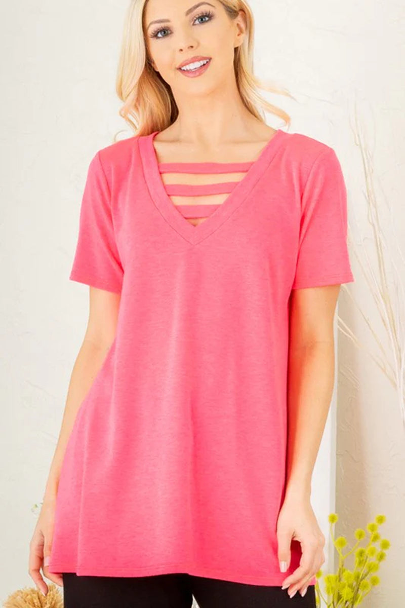 Heimish Full Size V-Neck Short Sleeve T-Shirt with Bar Detail plus Size