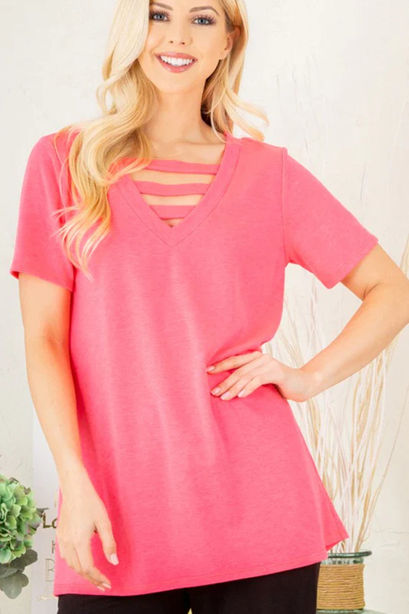 Heimish Full Size V-Neck Short Sleeve T-Shirt with Bar Detail plus Size